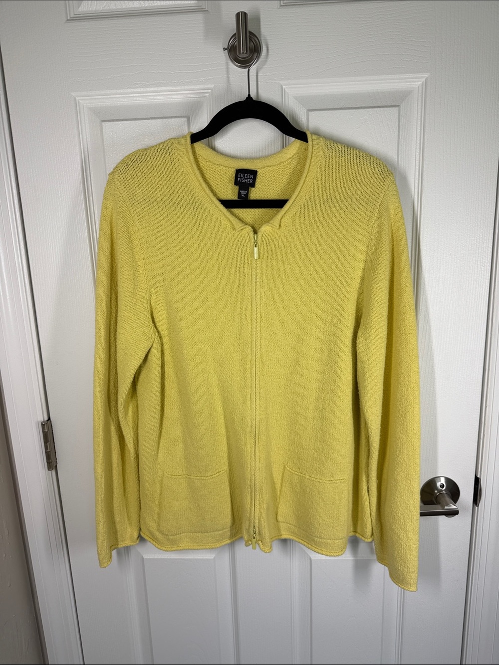 Vintage Eileen Fisher yellow zip front cardigan sweater with rolled neck size XL